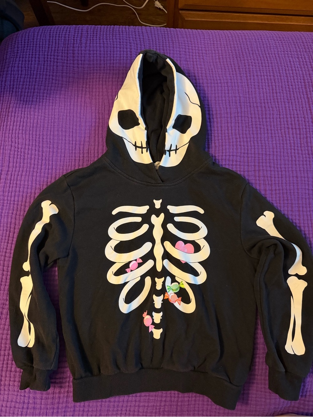 H&M Black Kids Skeleton Hoodie with Candy Chest Graphic